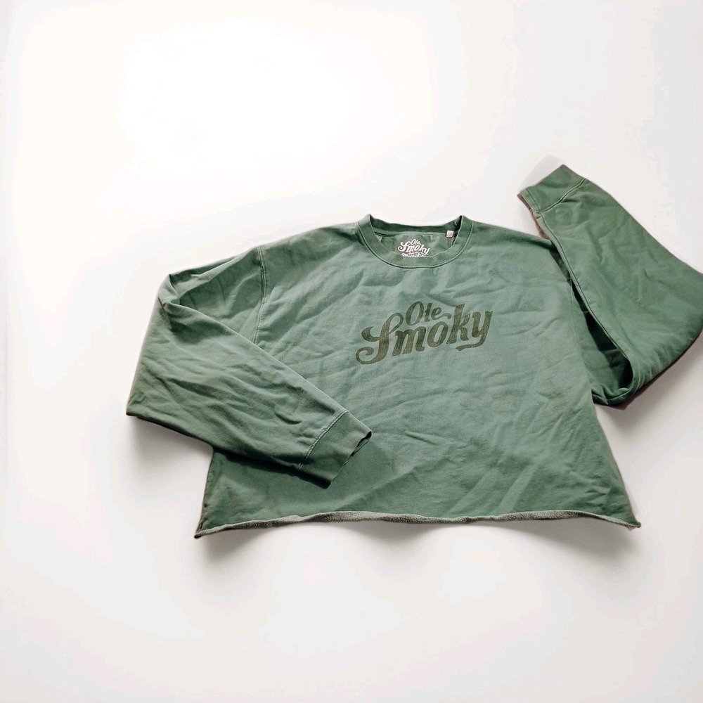 Ole Smoky‎ Sweatshirt Womens 2XL Green Fleece Cropped Raw Graphic Logo Pullover